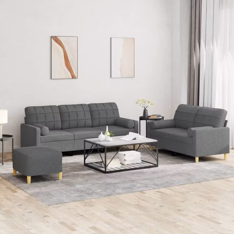 Set di divani vidaXL composto da un divano a 3 posti, un divano a 2 posti e un pouf, in tessuto grigio con cuscini inclusi per il tuo soggiorno