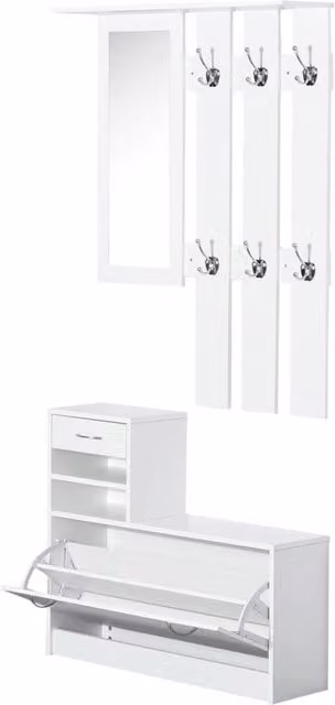 Set Mobili da Ingresso Minimal Bianco composto da Specchio, Appendiabiti con 6 Ganci e Scarpiera in MDF e Metallo