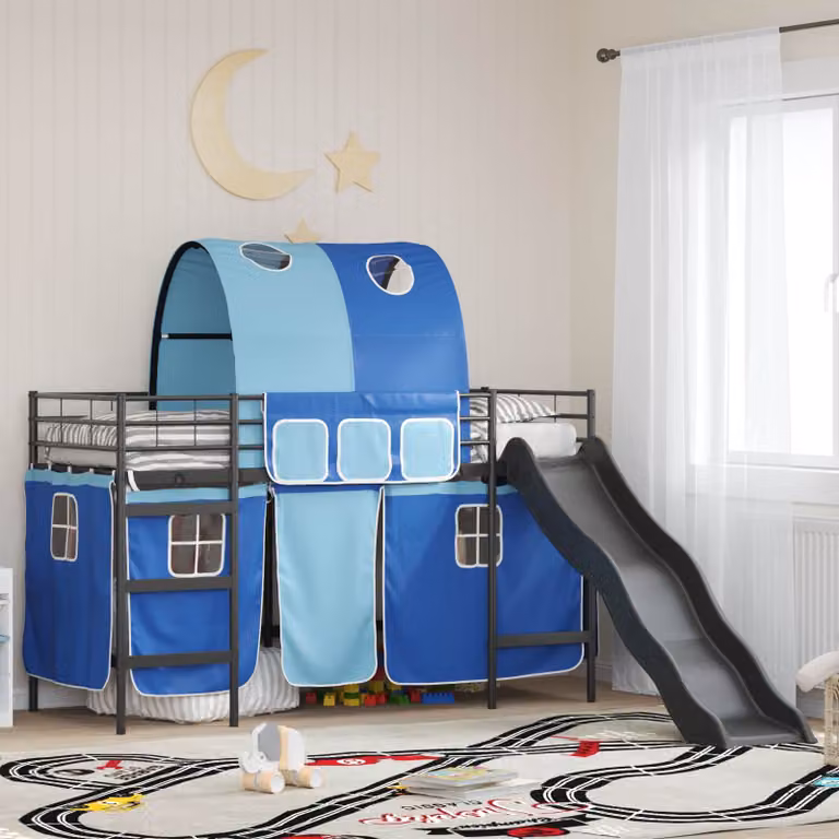 Letto a castello per bambini vidaXL con struttura a casetta e scala, Nero e Blu, L 190 x P 90 cm, H 116 cm