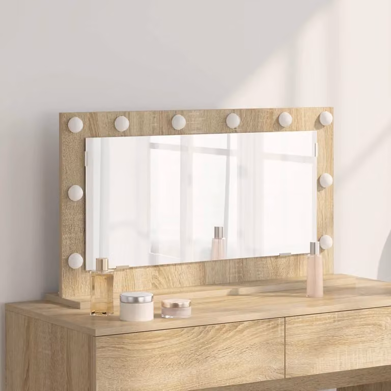 Specchio da vanità moderno vidaXL con luce LED e porta USB, rettangolare, colore marrone, L: 80 cm, P: 45 cm, H: 18 cm