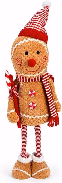 Pupazzo Pan di Zenzero Natalizio Saint Joy in Peluche con Gambe Telescopiche, Decorazione di Natale Espandibile da 50 a 80 cm, Colore Marrone, Rosso e Bianco