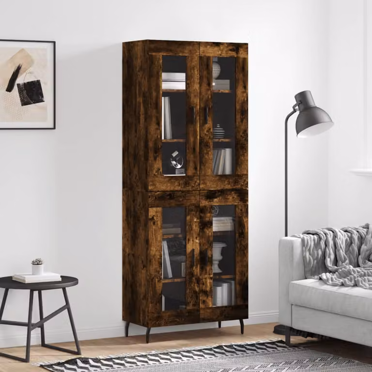 Credenza stile industrial vidaXL in legno rovere fumo con ante in vetro e ripiani interni, L/P/H: 69,5 x 34 x 180 cm