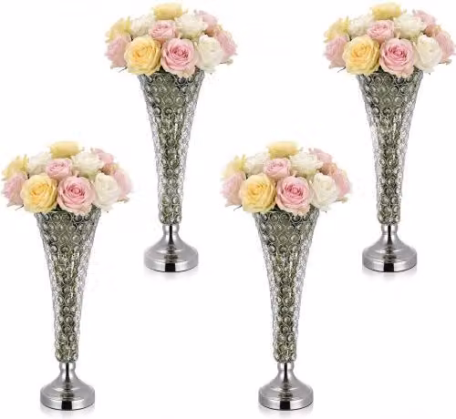 Set di 4 Vasi Decorativi Centrotavola VEVOR in Metallo con Perline di Cristallo, Colore Argento, Altezza: 51 cm