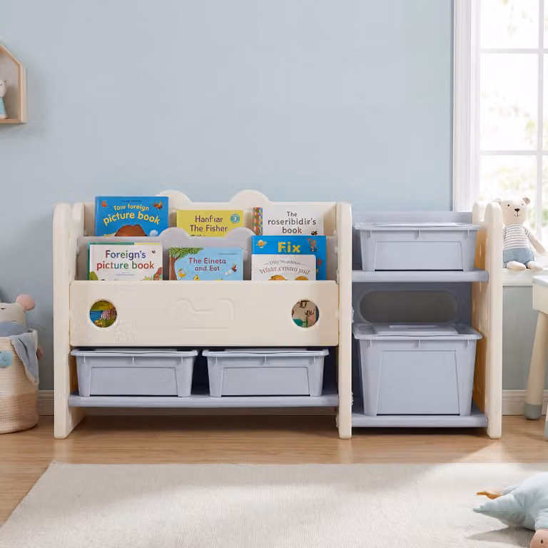 Libreria per bambini Costway 2 in 1 con 3 ripiani e 4 scatole portaoggetti, organizzatore per libri e giocattoli tema gatto, bianco e grigio