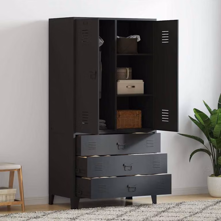 Armadio Industriale vidaXL in Metallo Nero Opaco con Cassetti e Ripiani L: 90 cm, P: 50 cm, H: 180 cm