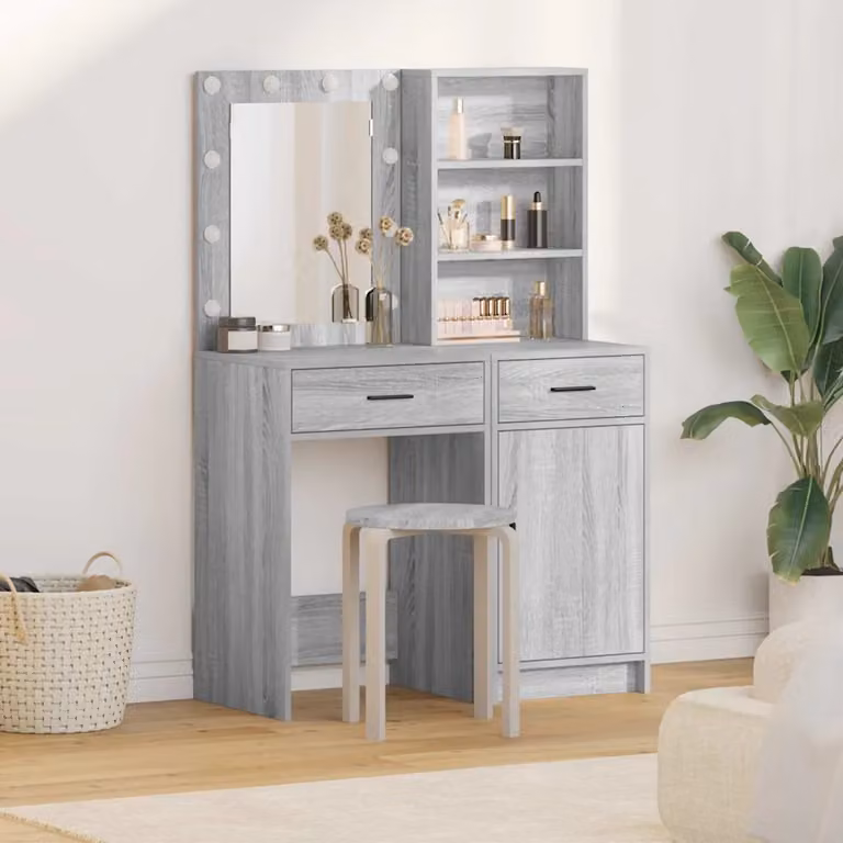 Set da tavolo da trucco con LED vidaXL in stile Hollywood, Grigio, L: 135 cm, P: 41 cm, H: 76 cm