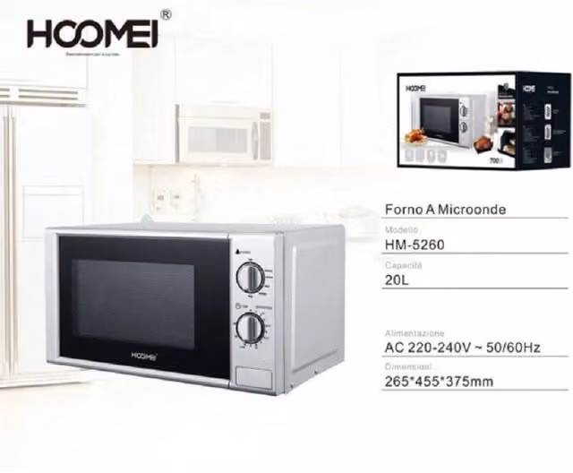 Hoomei Forno a Microonde da 20 Litri, 700 Watt, Colore Argento con Piatto Girevole e Timer