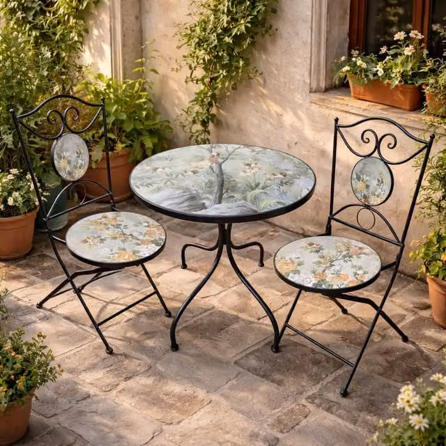 Set tavolo rotondo e 2 sedie Birds in ceramica e acciaio multicolore per giardino e terrazzo