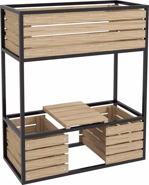 Fioriera a gradoni per orto rialzato Outsunny in legno, 3 fioriere, Naturale + Nero, L: 83 cm, P: 39 cm, H: 100 cm