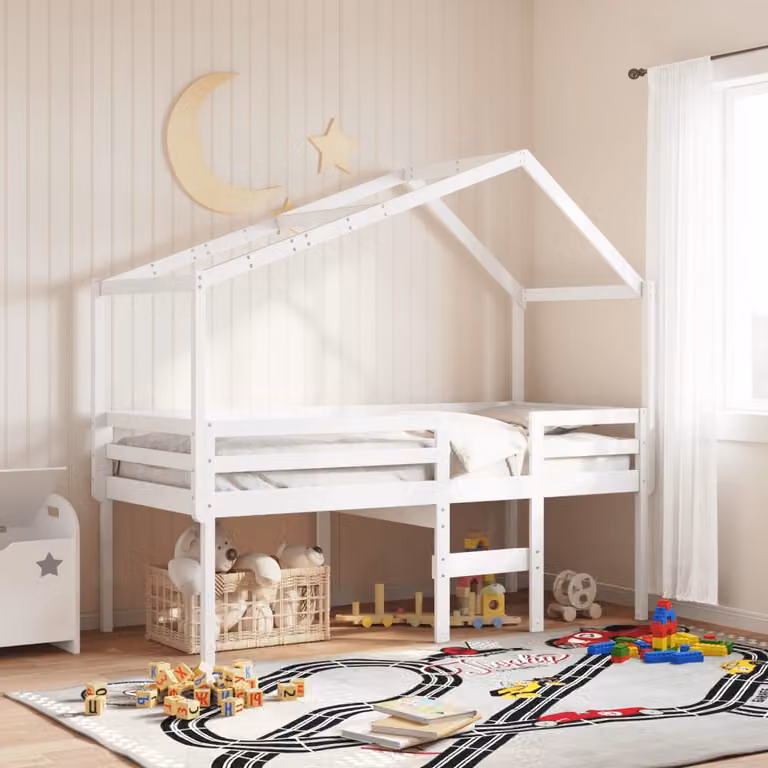 vidaXL Letto a Soppalco per Bambini con Tetto a Casetta in Legno di Pino Massello Bianco L/P/H: 200 x 90 x 144,5 cm