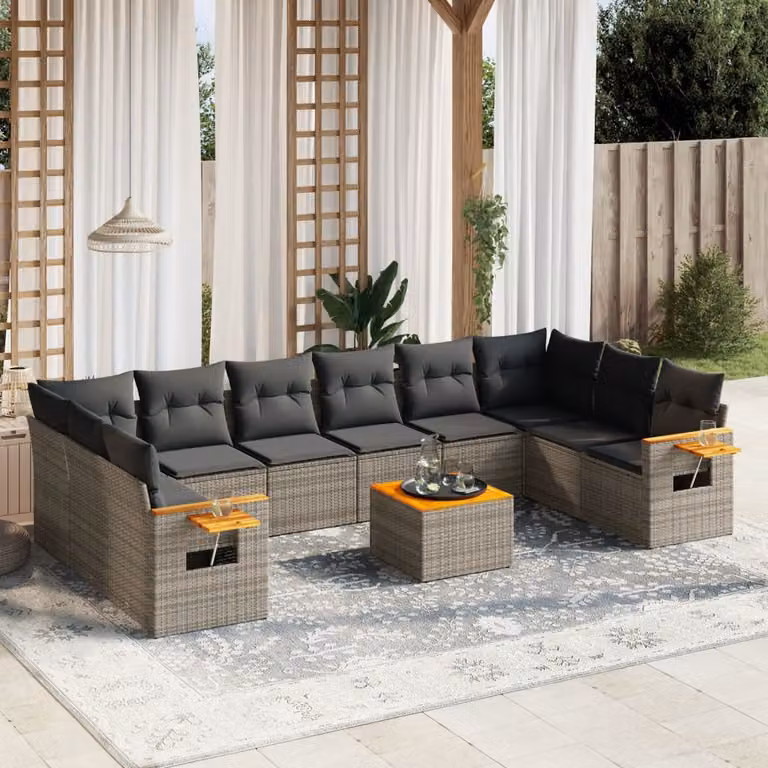 vidaXL Set Divani da Giardino 11 pz in Polyrattan Grigio con Cuscini e Tavolino da Esterno