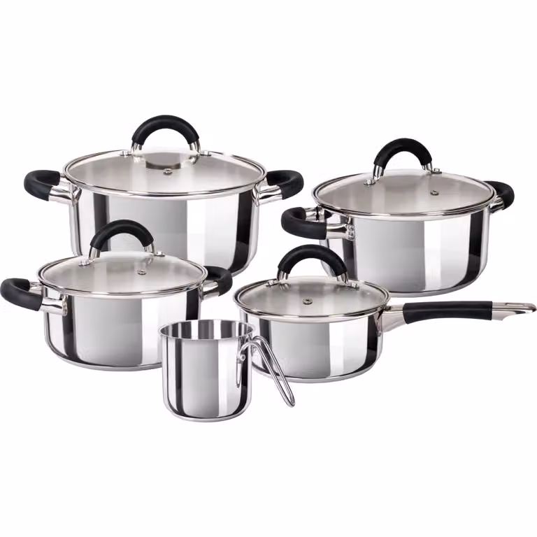 GUSTO CASA Batteria di pentole Vanity 9 pezzi in acciaio inox color argento con coperchi in vetro e dettagli in silicone compatibile con induzione