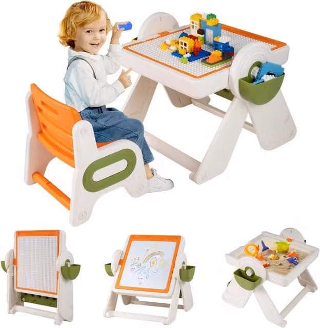 Set tavolo e sedia multifunzione 6 in 1 Design Mania per bambini da 0 a 3 anni con piano reversibile pieghevole e altezza regolabile Arancione, Verde o Beige