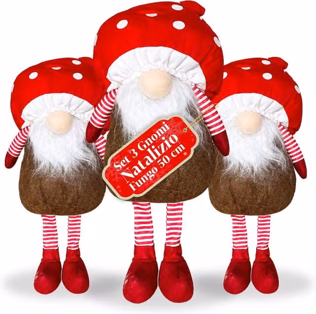 Gnomo Natalizio a Fungo con Barba Saint Joy, Ornamento Decorativo da Tavola Rosso e Bianco, Altezza: 50 cm