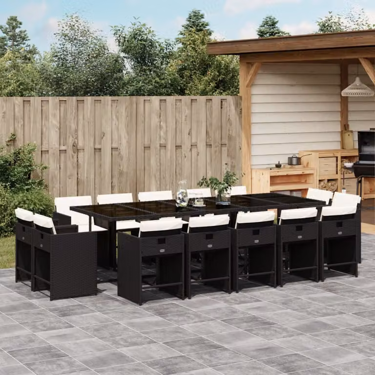Set da pranzo da giardino vidaXL in polyrattan nero con cuscini e piano in vetro per 15 persone