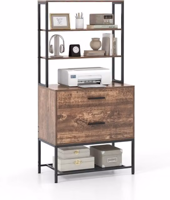 Armadio da ufficio Design Mania in stile industrial con stazione di ricarica e supporto per stampante, colore marrone e grigio, con ripiani regolabili e cassetti, L: 75 cm, P: 40 cm, H: 156 cm