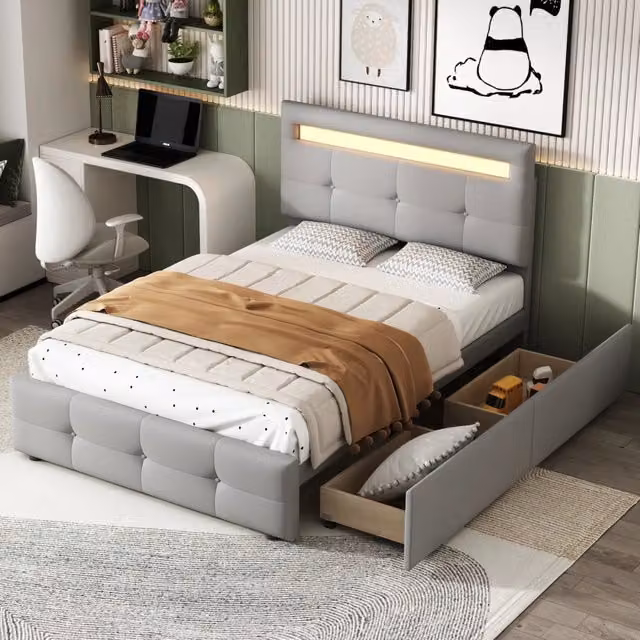 Letto imbottito moderno KOMHTOM grigio con cassetti L/P/H: 200 x 90 x 106 cm