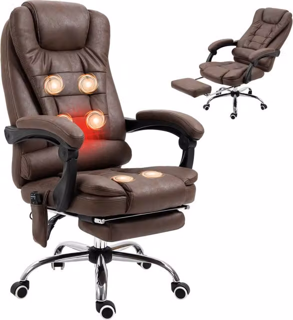 Poltrona da Ufficio Executive con Poggiatesta e Braccioli in Tessuto e Finta Pelle, Marrone, L: 67 cm, P: 79 cm, H: 111-121 cm