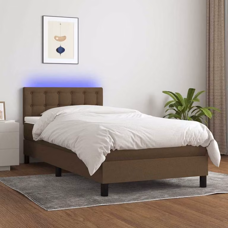 Letto a molle vidaXL con materasso e illuminazione LED, rivestito in tessuto marrone scuro, L 90 cm x P 200 cm