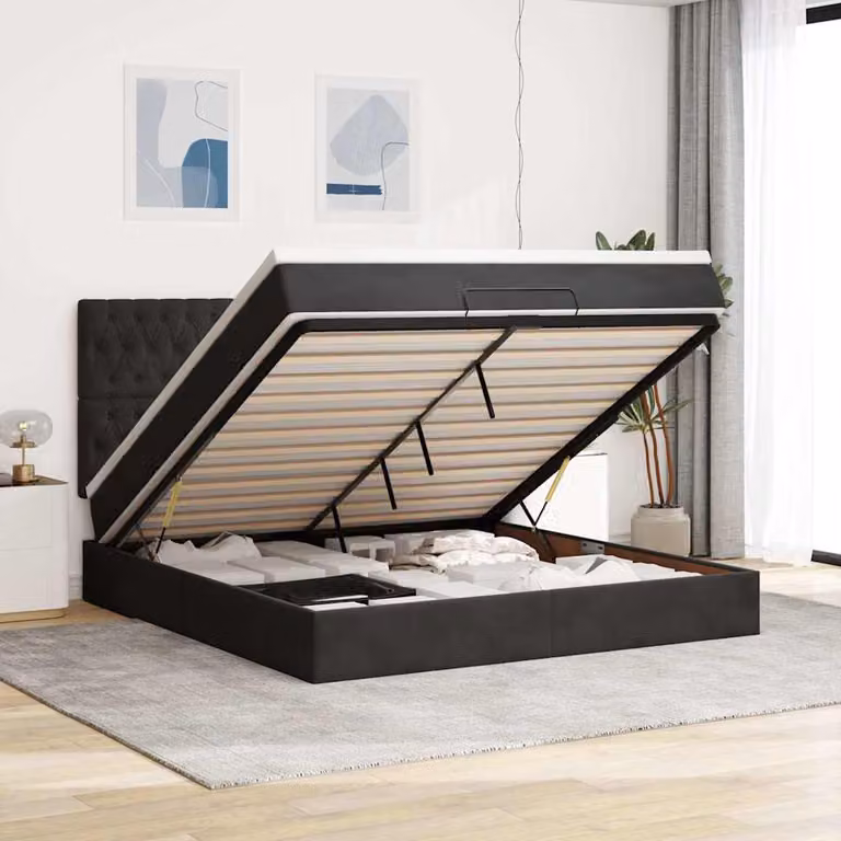 vidaXL Struttura Letto con Contenitore e Materasso in Velluto Nero L: 160 cm, P: 200 cm, H: 203 cm