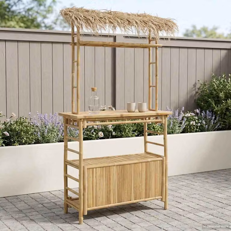 vidaXL Tavolo da bar da esterno in bambù naturale, L: 110 cm, P: 50 cm, H: 209 cm