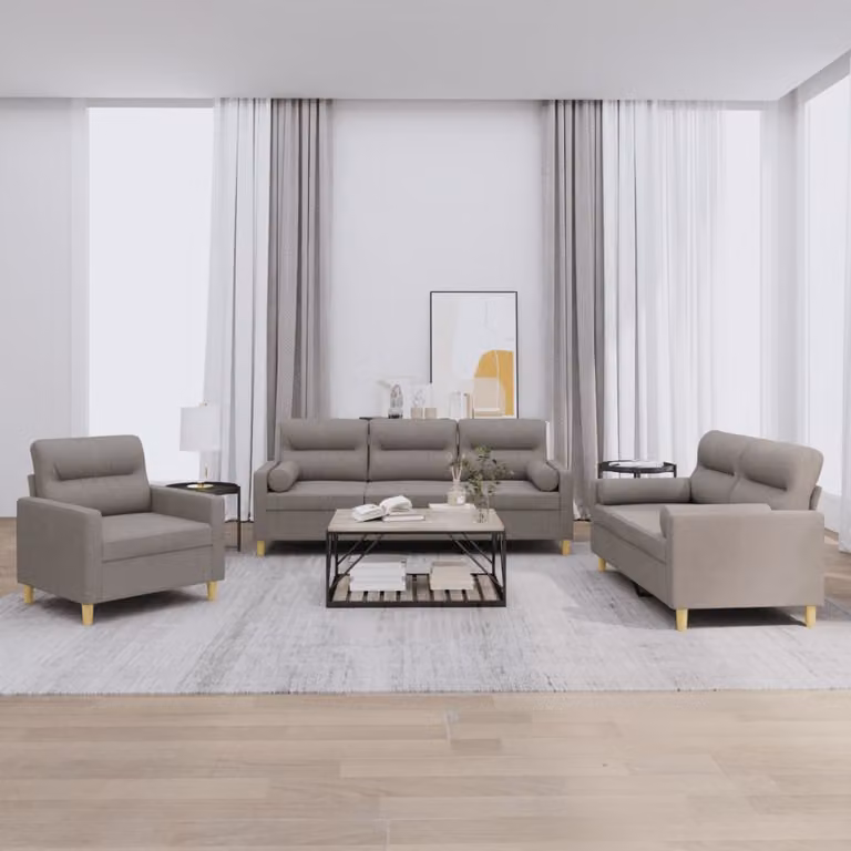 Set di Divani 3 Pezzi vidaXL in Tessuto Beige e Grigio con Cuscini per Soggiorno Moderno