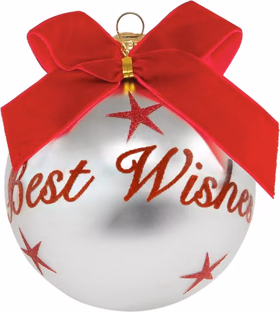 Pallina di Natale Kasanova in vetro rossa e argento con scritta Best Wishes, Diametro: 10 cm
