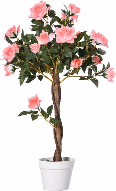 Pianta finta di rose Outsunny con 21 fiori e vaso in cemento con muschio, colore rosa, Ø18 x H 90 cm