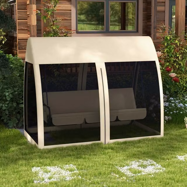 Altalena da giardino 2 in 1 WISHDOR per 3 adulti con tettuccio parasole, convertibile in letto e cuscini inclusi, colore marrone e beige, L/P/H: 240 x 140 x 197 cm