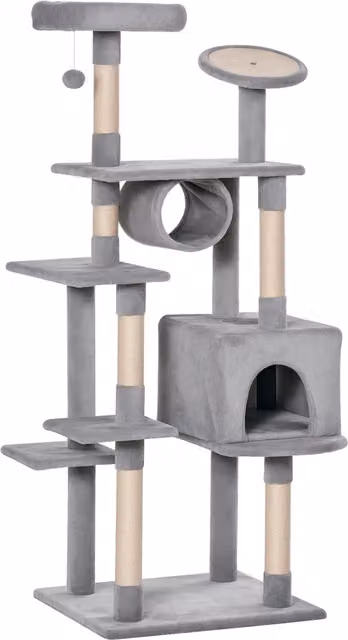 Tiragraffi per gatti a più livelli Aosom con pali in sisal e rivestimento in peluche, Altezza: 165 cm, Grigio Chiaro