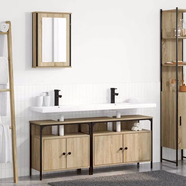 Set di mobili per il bagno vidaXL composto da 3 pezzi in legno e metallo, colore marrone e nero, con design minimalista e montaggio a parete, L: 80 cm, P: 30 cm, H: 60 cm