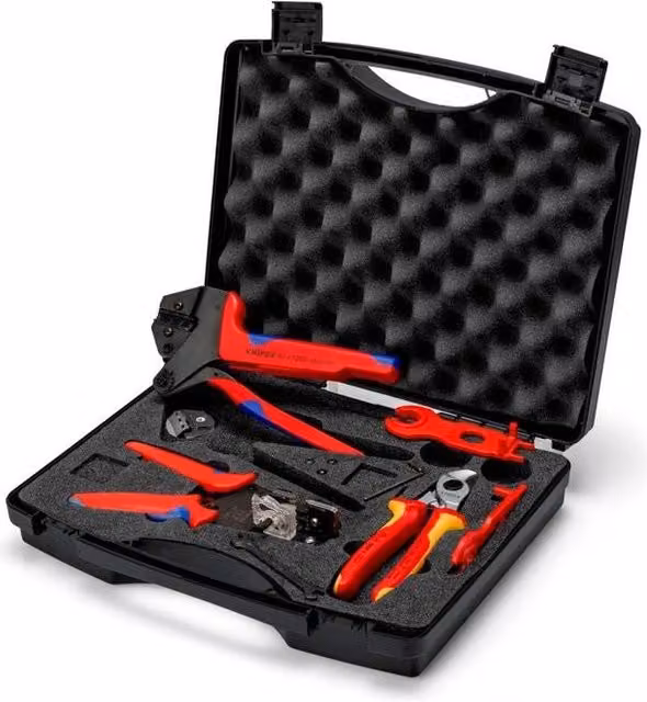 Valigetta Attrezzi per Installazioni Fotovoltaiche Knipex con Pinza Crimpatrice Universale, Forbici Spelacavi e Accessori per Connettori MC4, Nero