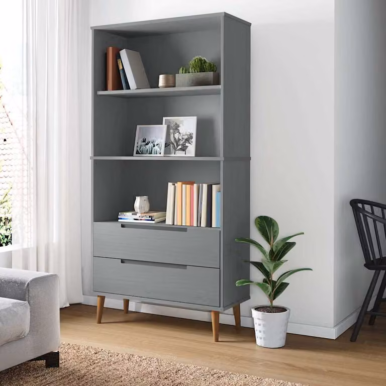 Libreria MOLDE vidaXL in legno massello di pino, Grigia, L: 85 cm, P: 35 cm, H: 170,5 cm