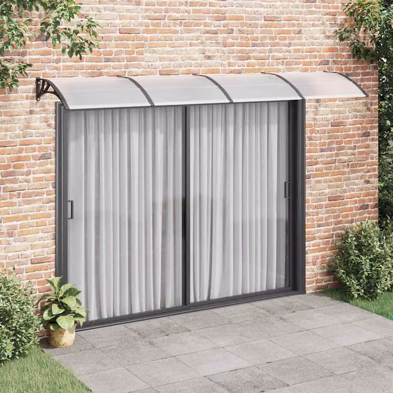 Tettoia per porta vidaXL nera e trasparente in policarbonato con struttura in alluminio, L: 350 cm, P: 100 cm