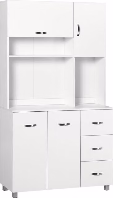 Credenza da cucina moderna HOMCOM in legno bianco con cassetti, armadietti e ripiani aperti, L 100 cm x P 39,5 cm x H 183,5 cm