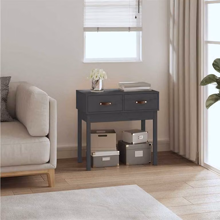 vidaXL Tavolo Consolle in Legno Massello di Pino Grigio L: 76,5 cm, P: 40 cm, H: 75 cm