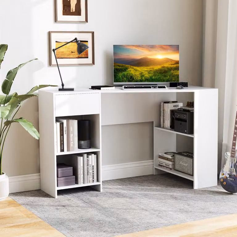 Scrivania ad angolo executive Costway in stile moderno, colore bianco, con cassetto e ripiani per archiviazione, Larghezza: 120 cm
