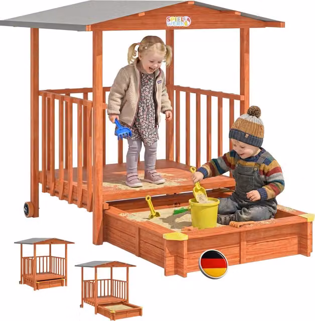 Casetta gioco con sabbiera Spielwerk in legno e tessuto marrone multicolore con tetto e veranda protezione UV 50+