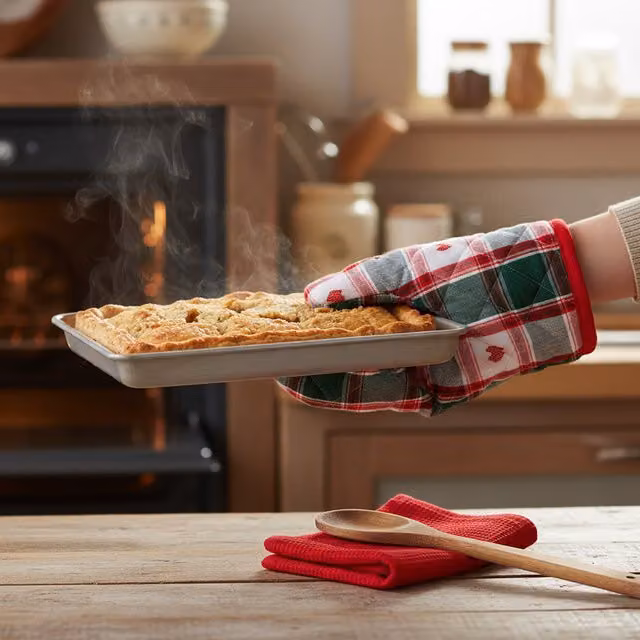 Set da cucina Country House KASANOVA composto da guanto da forno, cucchiaio e strofinaccio in cotone con motivo tartan cuori nei colori rosso, bianco e verde