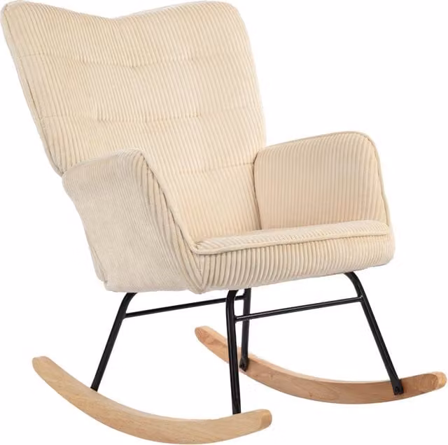 Sedia a dondolo WISHDOR con rivestimento effetto maglia beige, braccioli e base in legno di faggio
