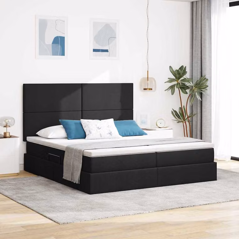 Letto con Contenitore Moderno vidaXL con Testiera in Tessuto Nero L: 200 cm x P: 200 cm x H: 280 cm