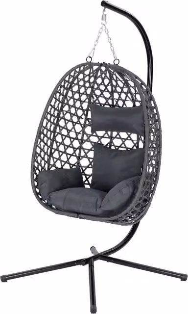 Poltrona sospesa a uovo Chicfurn in rattan grigio scuro con rotazione 360 gradi e cuscini inclusi H: 195 cm, L: 105 cm, P: 105 cm