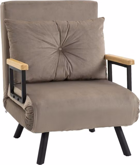Poltrona Letto Singolo 3 in 1 HOMCOM in Tessuto Effetto Velluto, Reclinabile in 5 Posizioni con Cuscino Sfoderabile, L: 63 cm, P: 73 cm, H: 81 cm, Marrone Chiaro