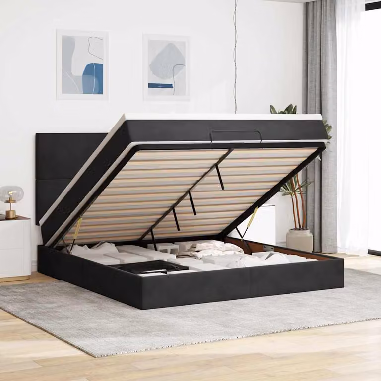 Letto con contenitore a sollevamento vidaXL in velluto nero con porta USB e illuminazione sottostante L/P/H: 203 x 160 x 128 cm