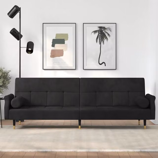 Divano Letto Click Clack vidaXL in Velluto Nero con Cuscini e Poggiatesta Regolabile L/P/H: 216 x 90 x 70 cm