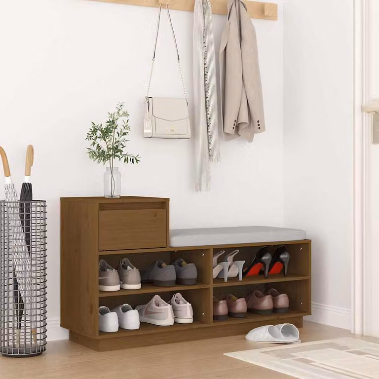 Scarpiera vidaXL in legno di pino massello marrone con seduta integrata, stile rustico, L 110 cm x P 34 cm x H 61 cm