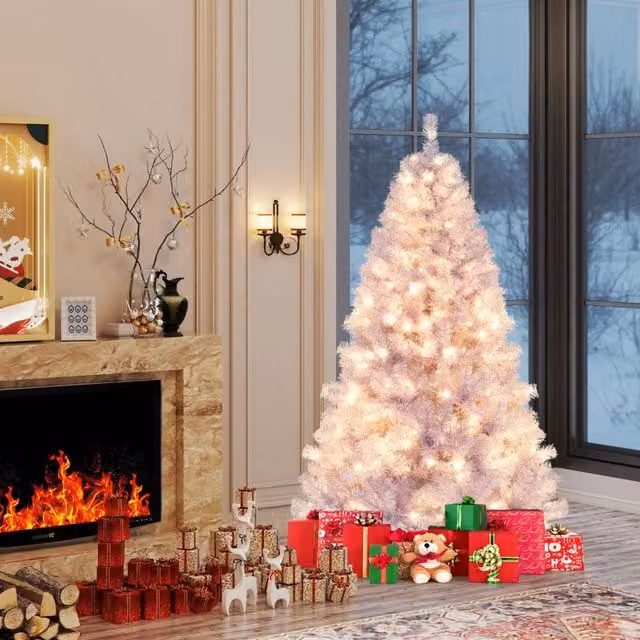 Albero di Natale artificiale preilluminato con 250 luci LED bianco caldo, colore viola, Altezza: 180 cm