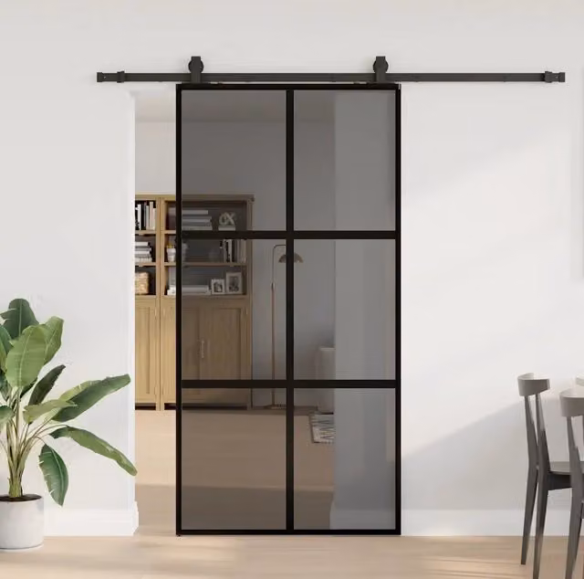 Porta Scorrevole Moderna VIDAXL in Vetro Temperato Trasparente e Alluminio con Ferramenta Nera L: 102,5 cm, H: 205 cm