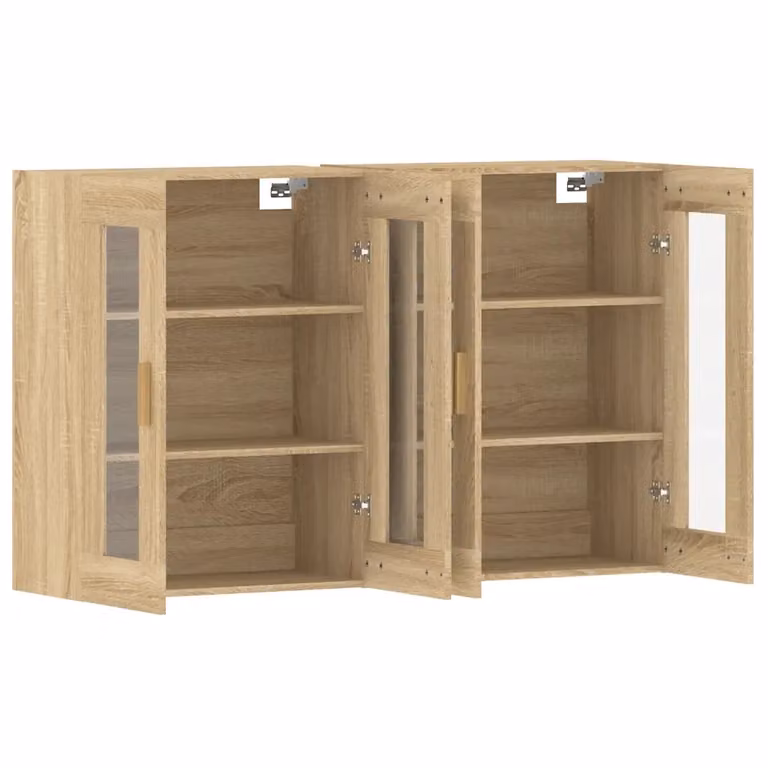 Set di 2 pensili a muro HELLOSHOP26 in legno rovere e vetro con ante in vetro, design moderno, colore marrone, L: 69,5 cm, P: 34 cm, H: 90 cm