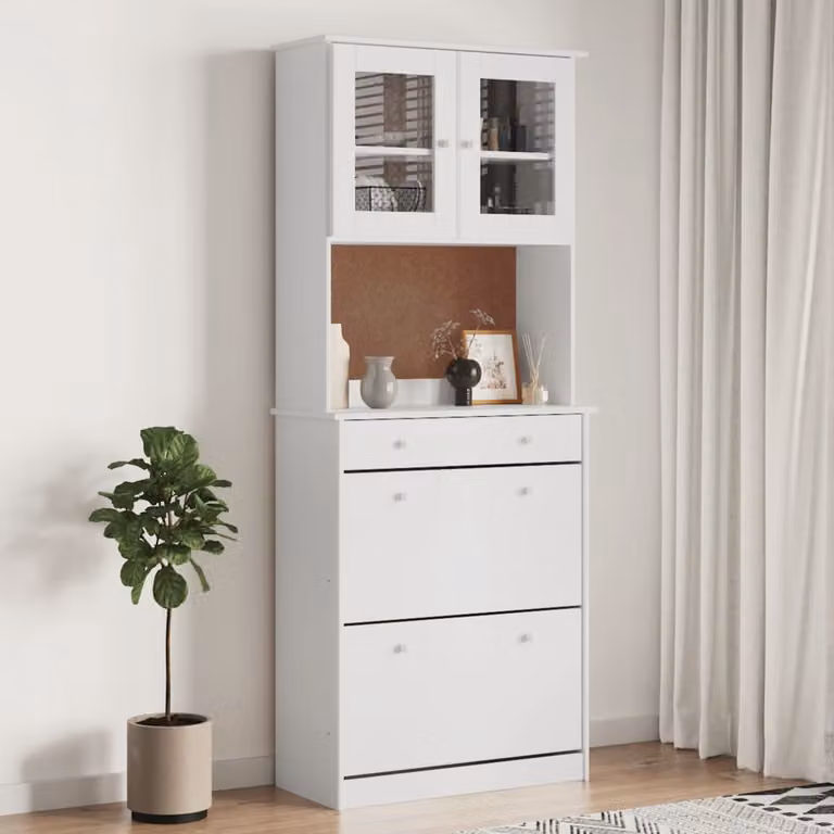 vidaXL Credenza Alta Bianca in Legno di Pino con Ante in Vetro L: 77 cm, P: 35 cm, H: 188 cm